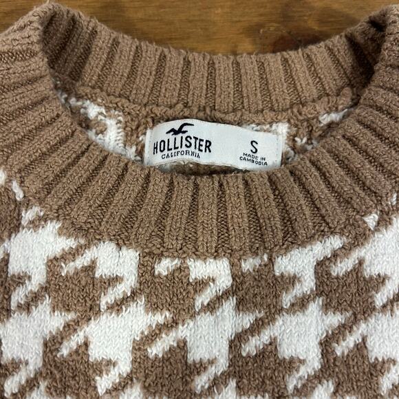 HOLLISTER Sz S Houndstooth Brown White Oversized Crop Very Soft Women’s Sweater - Picture 7 of 9
